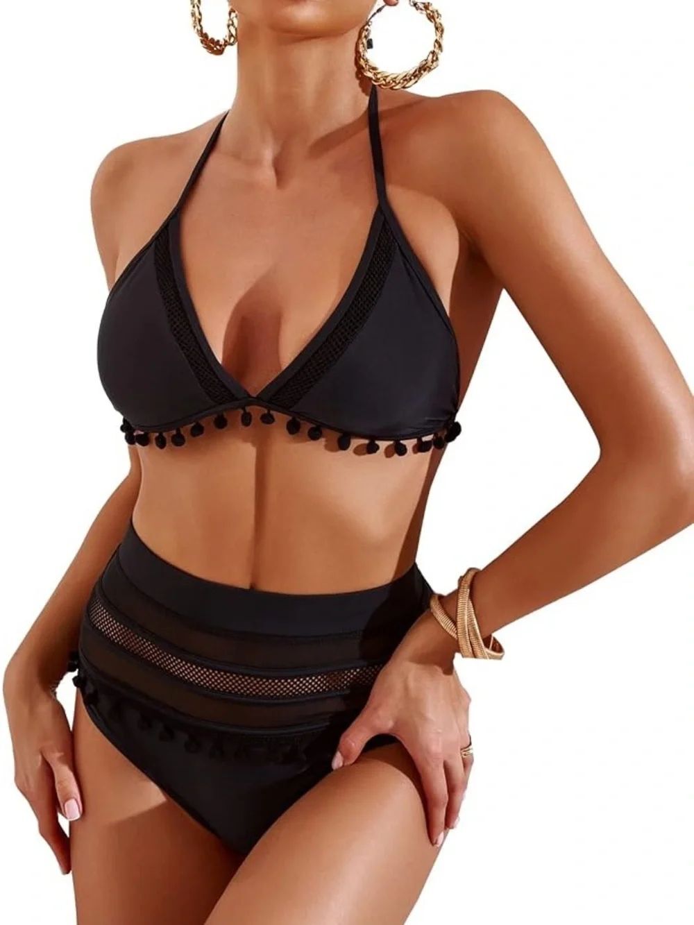 Black Pom-Pom Trim High-Waist Bikini 2 piece Set bathing suit women’s large
